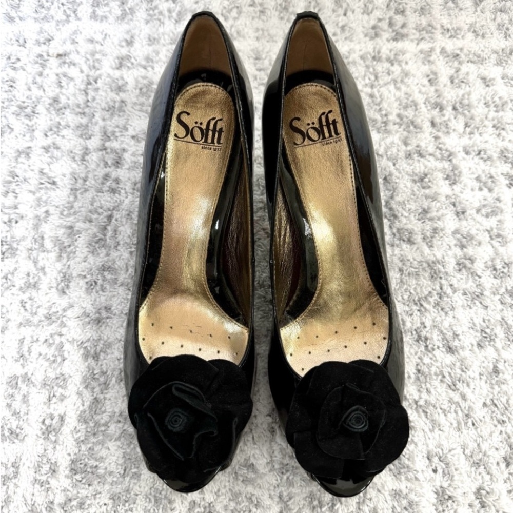 Sofft Scala Peeptoe Rosette Patent Leather Pumps Heels Shoes Black 1255411